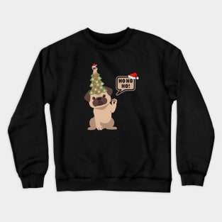 Cartoon Pug Dog with Christmas Tree on its Head Crewneck Sweatshirt